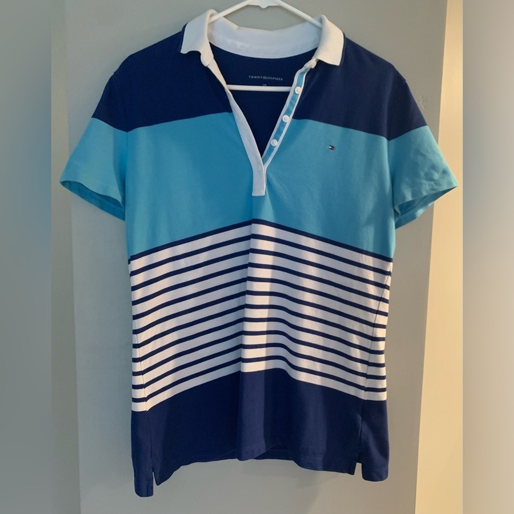 Tommy Hilfiger Blue Striped Polo Shirt - L